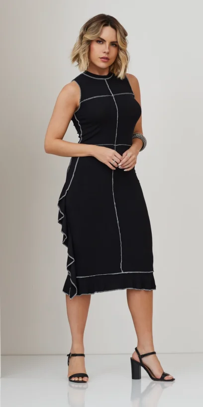 VESTIDO MIDI RECORTES CONSTRASTANTES