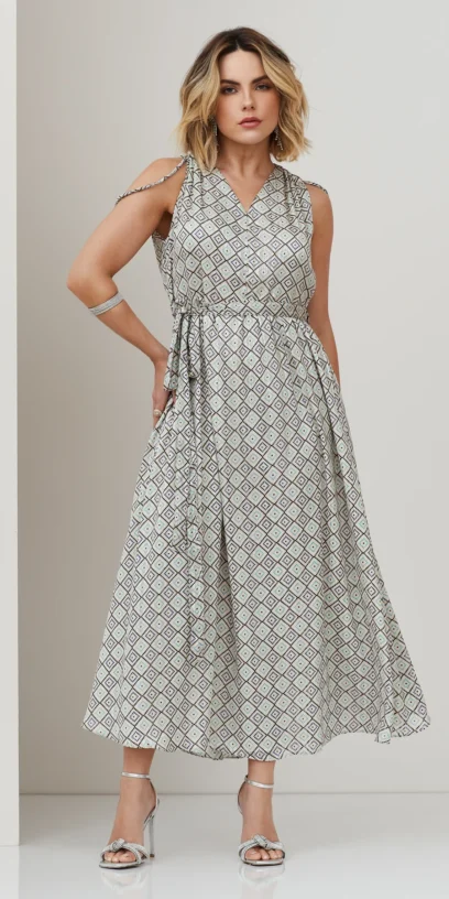 VESTIDO MIDI COM FRANZIDO E AMARRAÇÕES NOS OMBROS