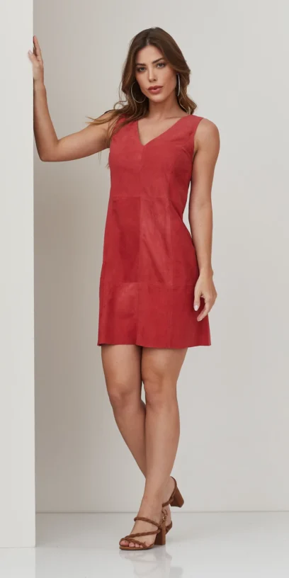 VESTIDO CURTO DE COURO DECOTE V ZÍPER COSTAS