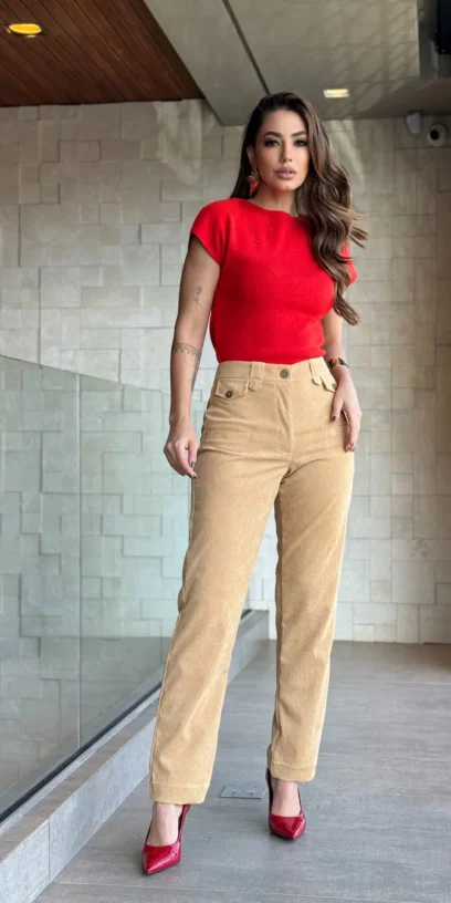 CALÇA RETA VELUDO COTELE CAMEL