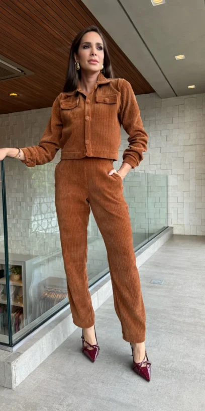 CALÇA DE MALHA VELUDO COTELÊ TERRACOTA