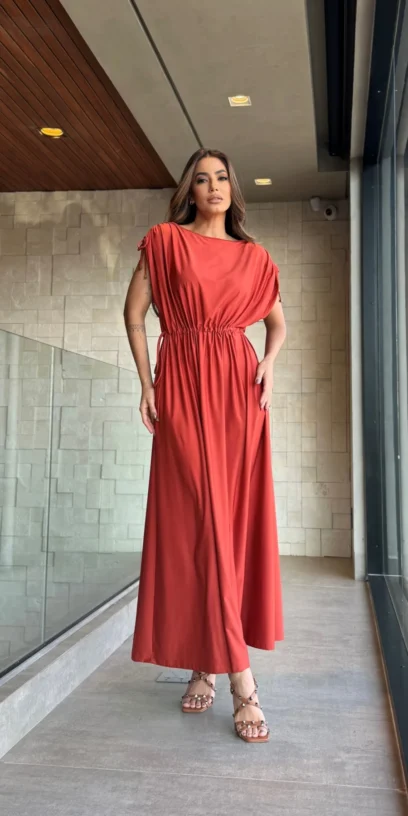VESTIDO MIDI MANGAS FRANZIDAS