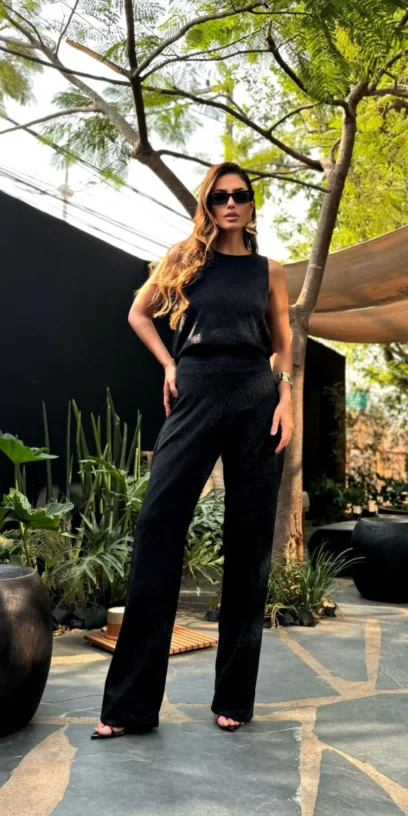 CALÇA PANTALONA DE LUREX PRETA