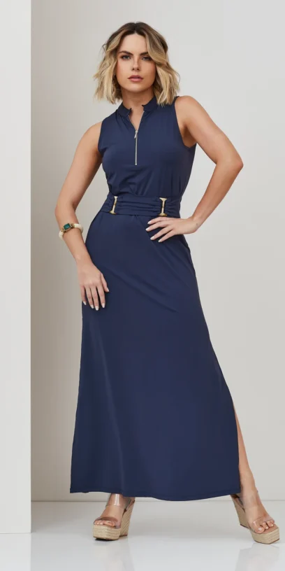 VESTIDO LONGO COM ZÍPER FRENTE E PASSANTES NA CINTURA