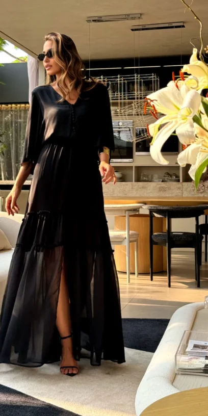 VESTIDO LONGO MANGA GODÊ PRETO