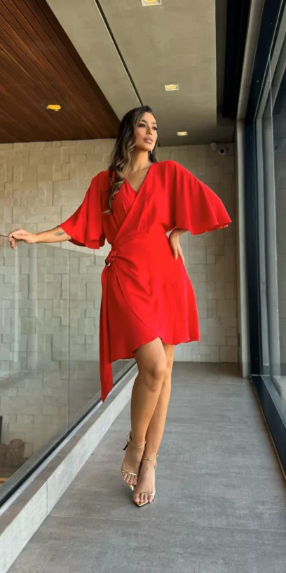 VESTIDO MANGAS AMPLAS VERMELHO