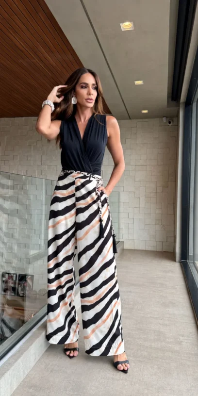 CALÇA PANTALONA ANIMAL PRINT COM CORDÃO