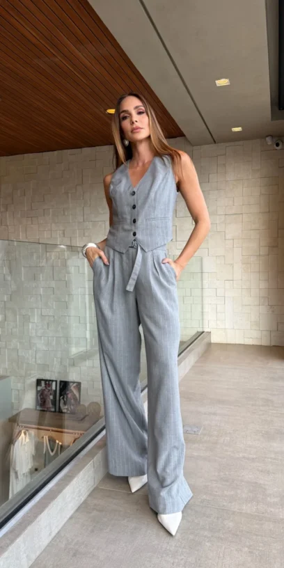 CALÇA WID-LEG RISCA DE GIZ METALIZADA