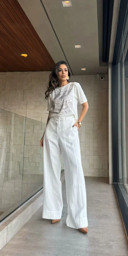CALÇA WID LEG CORDÃO OFF WHITE ESSENCIAL