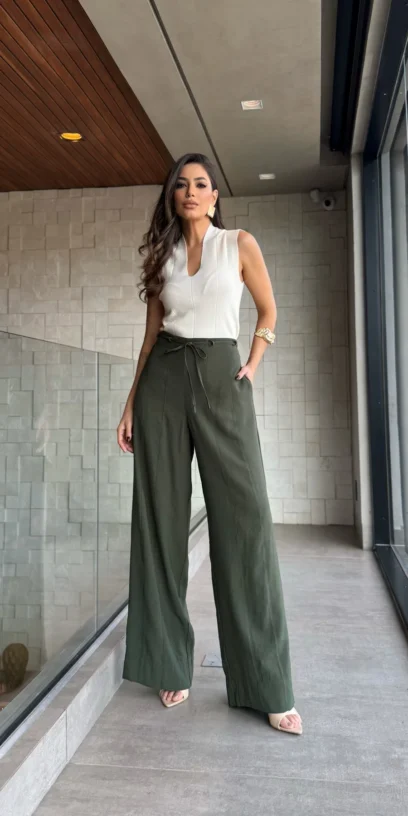 CALÇA WID LEG CORDÃO VERDE OLIVA ESSENCIAL