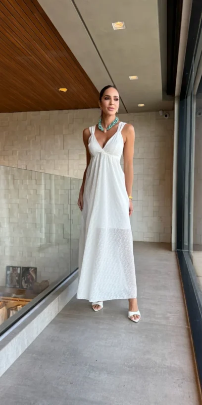 VESTIDO LONGO BORDADO FOLHAS