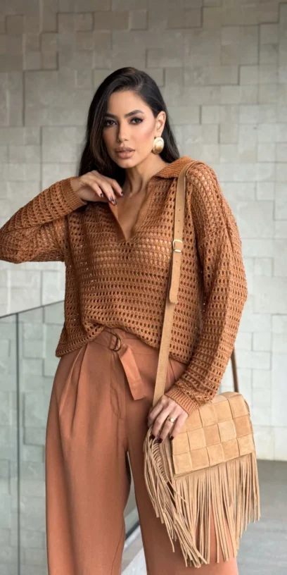 CAMISA POLO TRICOT RENDADA MANGA LONGA