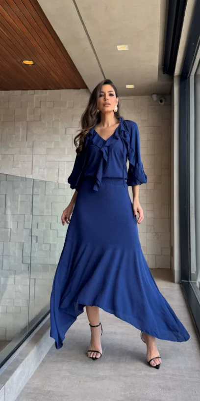 VESTIDO MIDI DECOTE V BABADOS