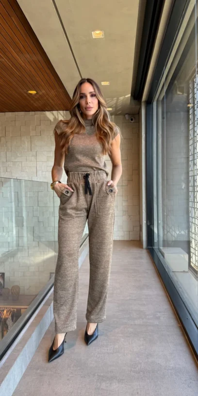CALÇA MALHA LUREX BOLSOS SOBREPOSTOS