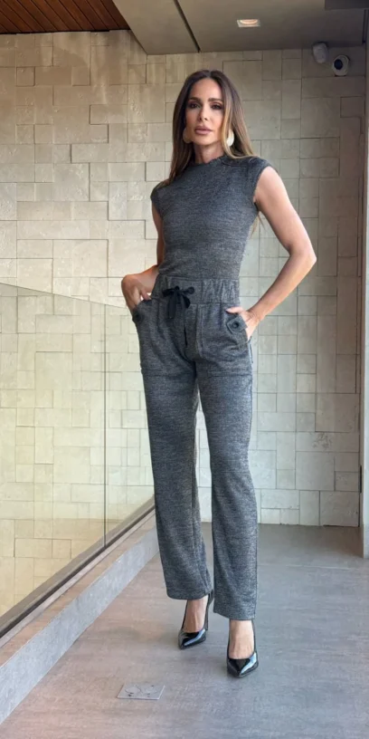 CALÇA MALHA LUREX BOLSOS SOBREPOSTOS