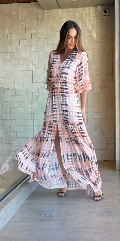 VESTIDO LONGO MANGAS AMPLAS ESTAMPADO