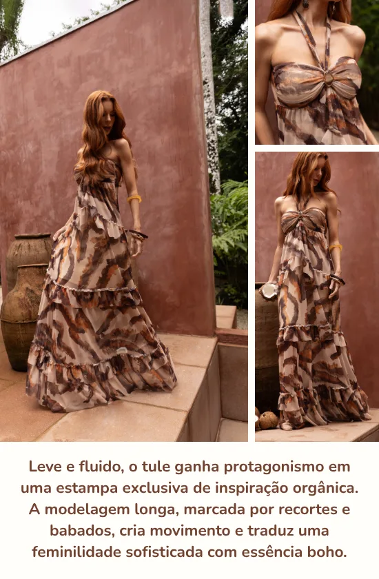 Modelo usa vestido longo de tule estampado da coleção Costa do Sol